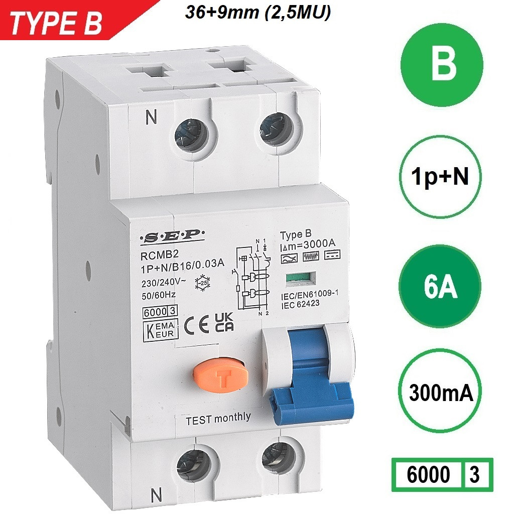 Schotman Elektro B.V. - SEP RCMB type B aardlekautomaat, 1p+n, B, 6A, 300mA, 6kA