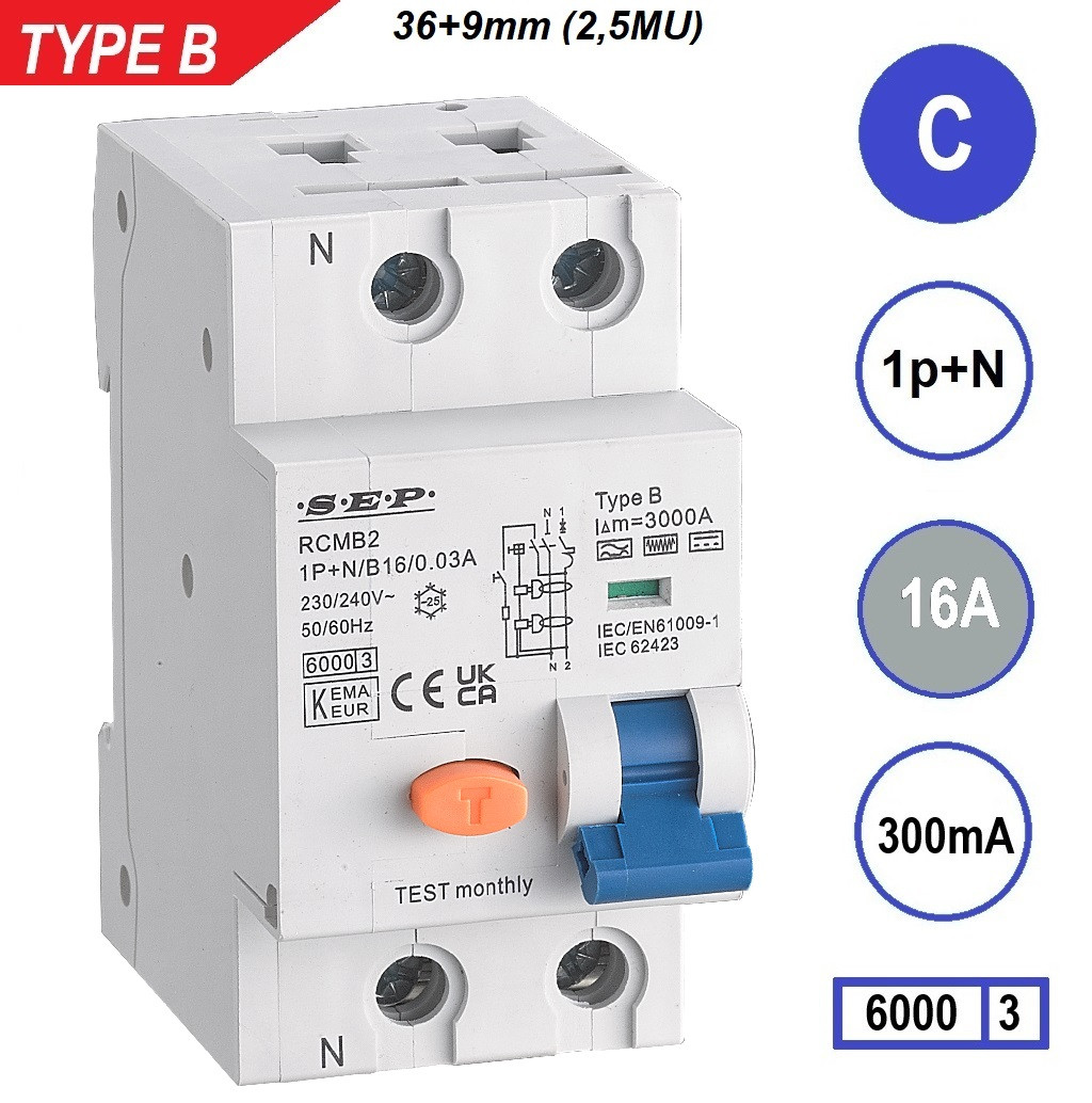 Schotman Elektro B.V. - SEP RCMB type B aardlekautomaat, 1p+n, C, 16A, 300mA, 6kA
