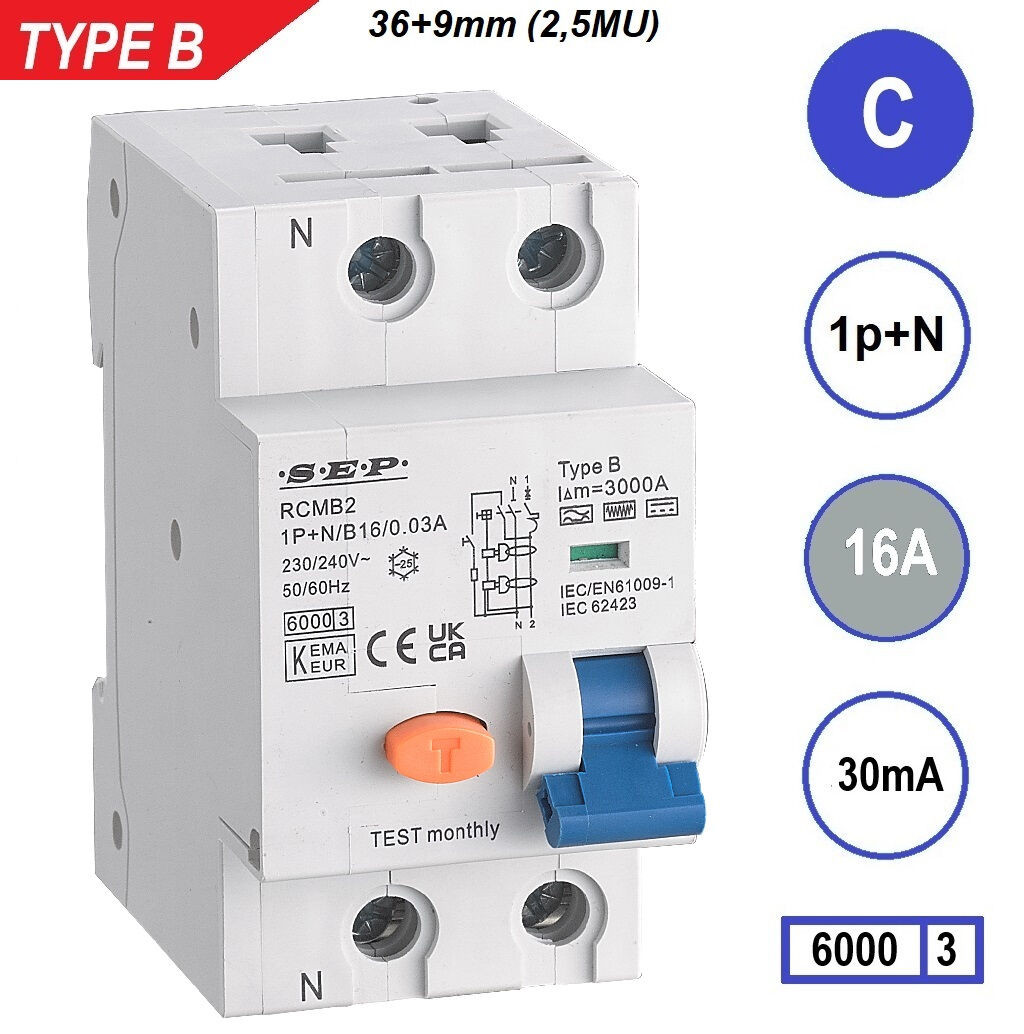 Schotman Elektro B.V. - SEP RCMB type B aardlekautomaat, 1p+n, C, 16A, 30mA, 6kA
