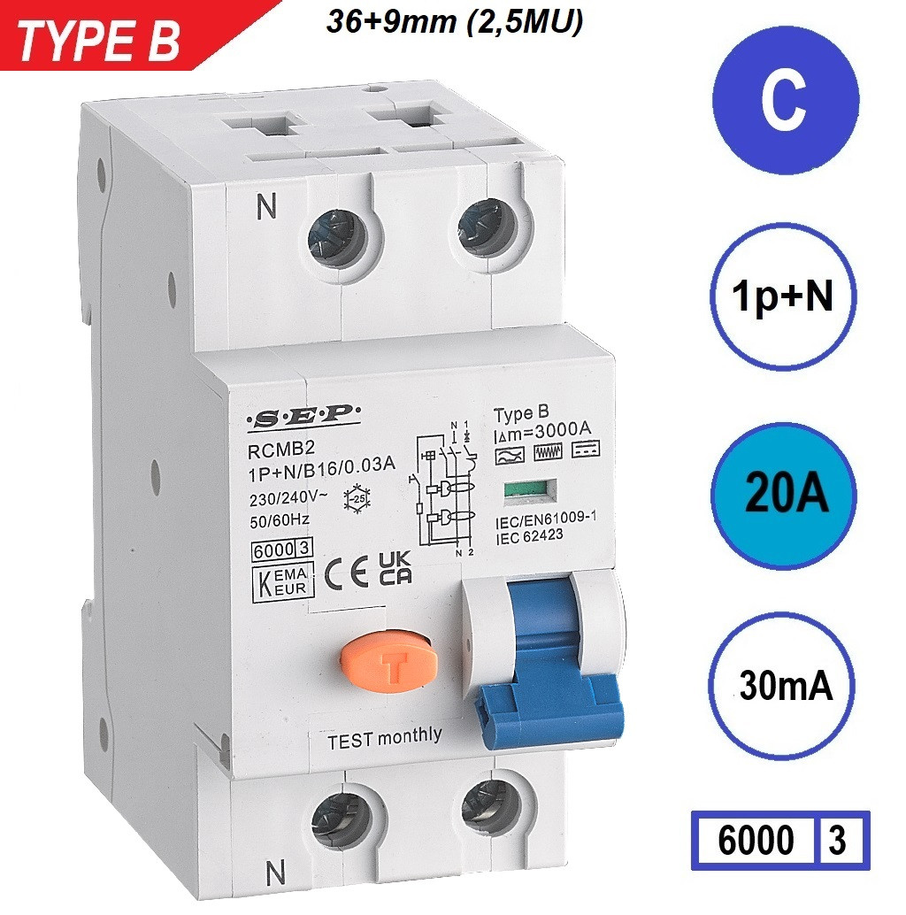 Schotman Elektro B.V. - SEP RCMB type B aardlekautomaat, 1p+n, C, 20A, 30mA, 6kA