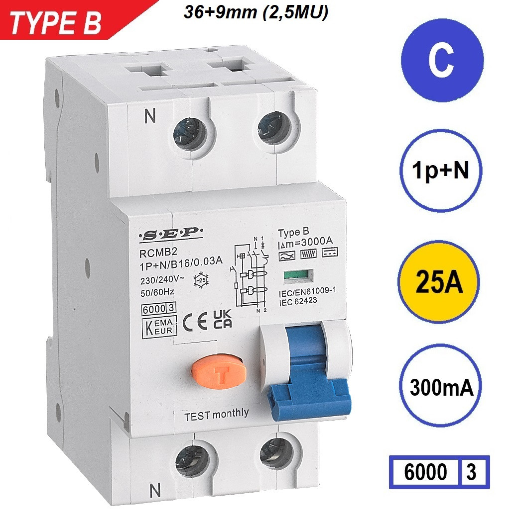 Schotman Elektro B.V. - SEP RCMB type B aardlekautomaat, 1p+n, C, 25A, 300mA, 6kA