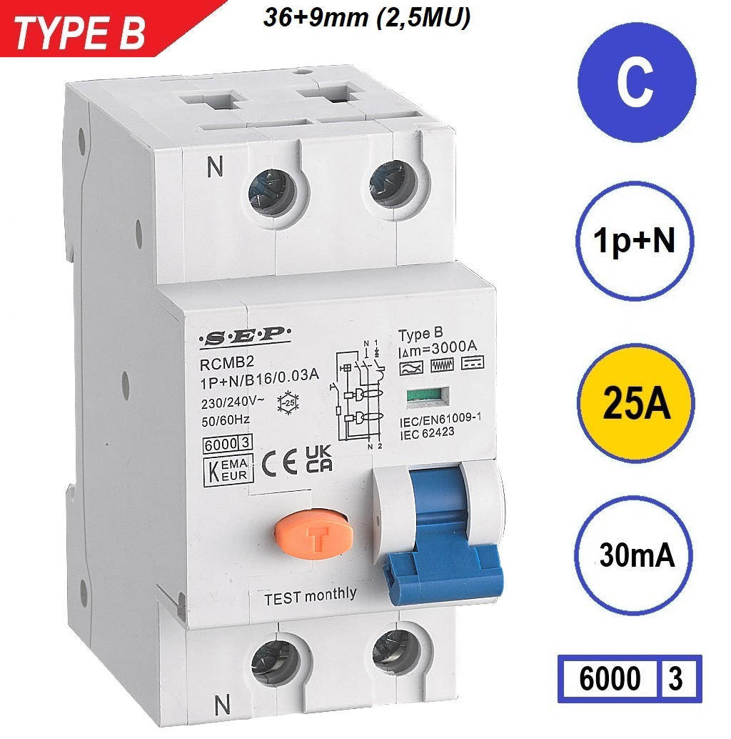 Schotman Elektro B.V. - SEP RCMB type B aardlekautomaat, 1p+n, C, 25A, 30mA, 6kA