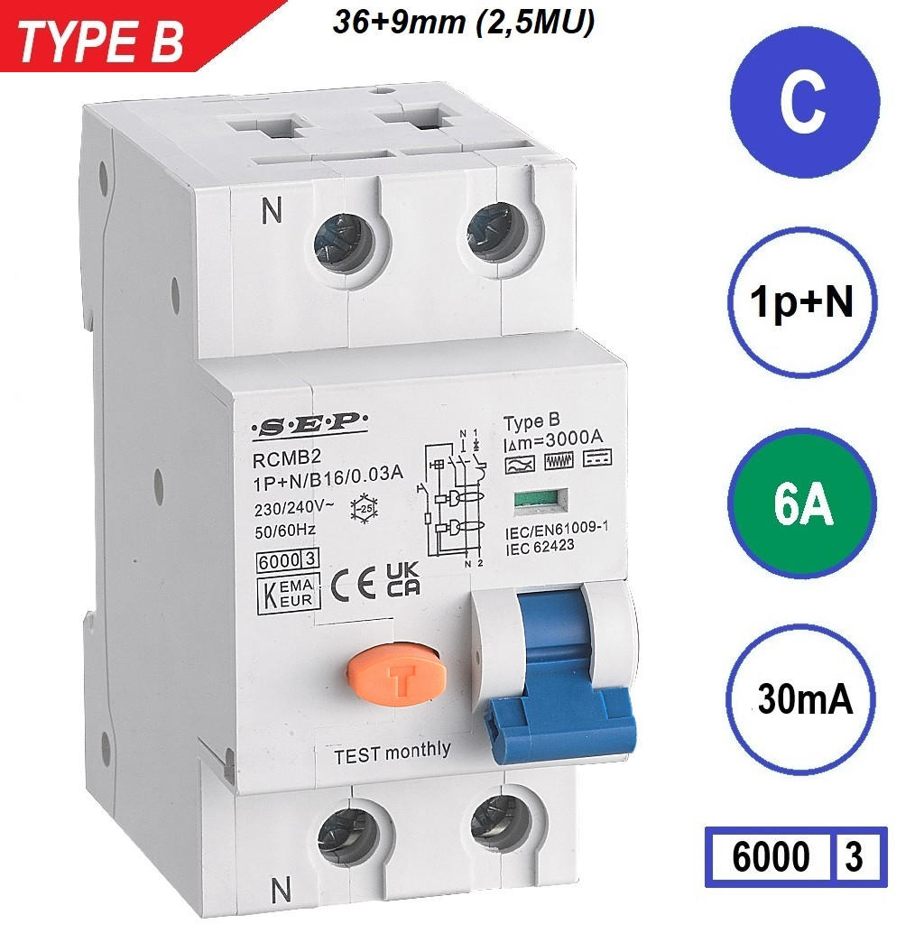 Schotman Elektro B.V. - SEP RCMB type B aardlekautomaat, 1p+n, C, 6A, 30mA, 6kA