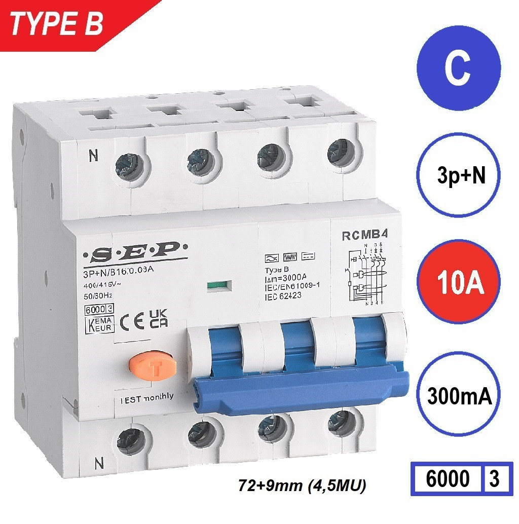 Schotman Elektro B.V. - SEP RCMB type B aardlekautomaat, 3p+n, C, 10A, 300mA, 6kA