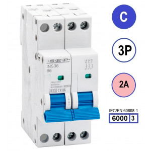 SEP INS36-3C02, installatieautomaat 3p C2 6kA, 36mm, 2 modulen