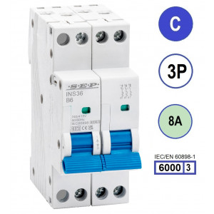 SEP INS36-3C08, installatieautomaat 3p C8 6kA, 36mm, 2 modulen