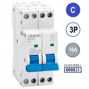 SEP INS36-3C16, installatieautomaat 3p C16 6kA, 36mm, 2 modulen