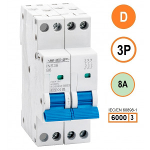 SEP INS36-3D08, installatieautomaat 3p D8 6kA, 36mm, 2 modulen
