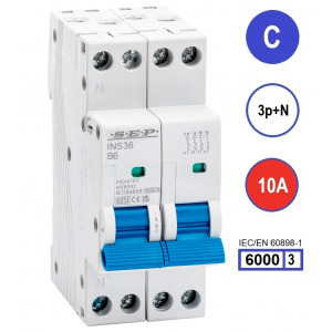 SEP INS36-3NC10, installatieautomaat 3p+n C10 6kA, 36mm, 2 modulen