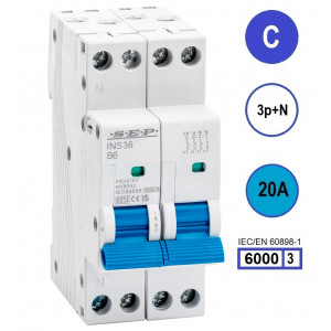 SEP INS36-3NC20, installatieautomaat 3p+n C20 6kA, 36mm, 2 modulen