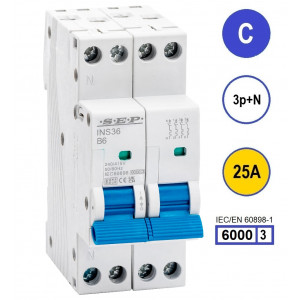 SEP INS36-3NC25, installatieautomaat 3p+n C25 6kA, 36mm, 2 modulen