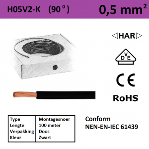 Schotman Elektro - SEP montagesnoer H05V2-k zwart 0,5mm2 