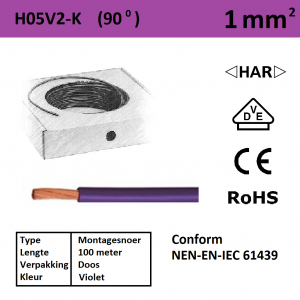 Schotman Elektro - SEP montagesnoer H05V2-k violet paars 1mm2