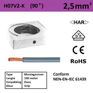 Schotman Elektro - SEP montagesnoer 90 graden H07V2-k grijs 2,5mm2