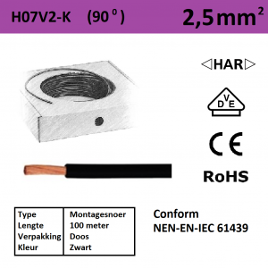 Schotman Elektro - SEP montagesnoer 90 graden H07V2-k zwart 2,5mm2