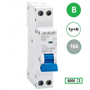 SEP INS18-B16, installatieautomaat 1p+n B16 6kA, 18mm, 1 modulen