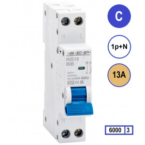 SEP INS18-C13, installatieautomaat 1p+n C13 6kA, 18mm, 1 modulen