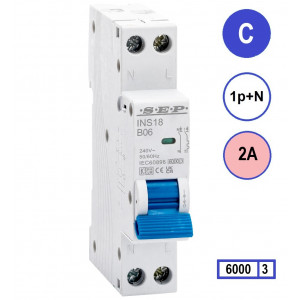 SEP INS18-C02, installatieautomaat 1p+n C2 6kA, 18mm, 1 modulen