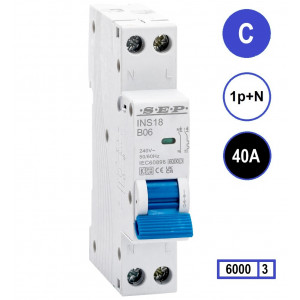 SEP INS18-C40, installatieautomaat 1p+n C40 6kA, 18mm, 1 modulen