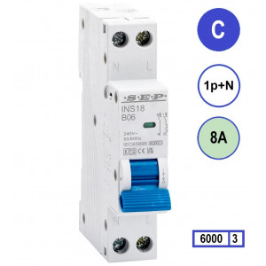 SEP INS18-C08, installatieautomaat 1p+n C8 6kA, 18mm, 1 modulen