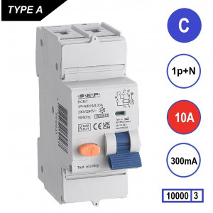 SEP RCM1 aardlekautomaat, 1p+n, C-karakteristiek, 10A, 300mA, 10kA, Type A