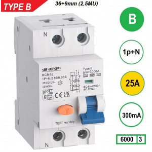 Schotman Elektro B.V. - SEP RCMB type B aardlekautomaat, 1p+n, B, 25A, 300mA, 6kA