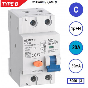 Schotman Elektro B.V. - SEP RCMB type B aardlekautomaat, 1p+n, C, 20A, 30mA, 6kA