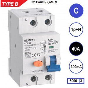 Schotman Elektro B.V. - SEP RCMB type B aardlekautomaat, 1p+n, C, 40A, 300mA, 6kA
