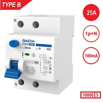 GACIA PR8M-B2521 type B aardlekschakelaar – 2-polig (1P + N), 25 A, 100 mA, 10 kA, front-aanzicht.