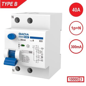 GACIA PR8M-B4023 type B aardlekschakelaar – 2-polig (1P + N), 40 A, 300 mA, 10 kA, front-aanzicht.