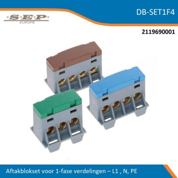 SEP Europe aftakblokset voor 1-fase verdelers, set L1-N-PE met bruine, blauwe en groene aansluitblokken – model DB-SET1F4