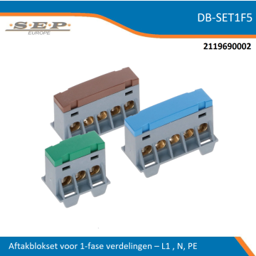 SEP Europe aftakblokset voor 1-fase verdelers, set L-N-PE met bruine, blauwe en groene aansluitblokken – model DB-SET1F5