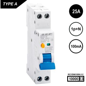 SEP RCD18-25100 aardlekschakelaar – 2-polig (1P+N), 25 A / 100 mA, Type A, 10 kA, 18 mm breed, compacte RCD voor groepenkasten