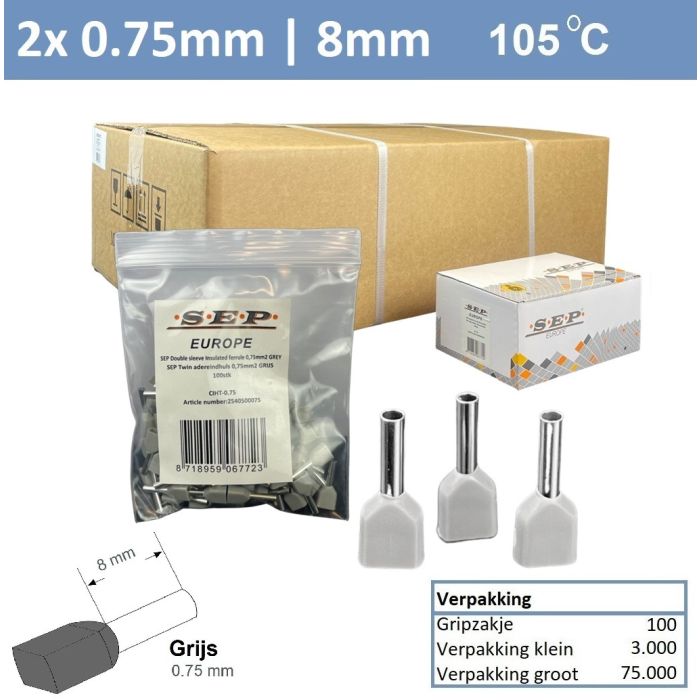 SEP Twin adereindhuls 0,75mm2 GRIJS (100stk) SEP Twin adereindhuls 0,75mm2 GRIJS (100stk)