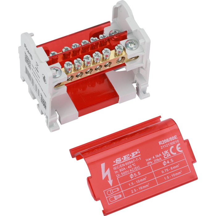 SEP Europe R208/80E verdeelblok 80A 2-polig – interne messing aansluitrail zichtbaar met rode kap verwijderd SEP Europe R208/80E verdeelblok 80A 2-polig – interne messing aansluitrail zichtbaar met rode kap verwijderd