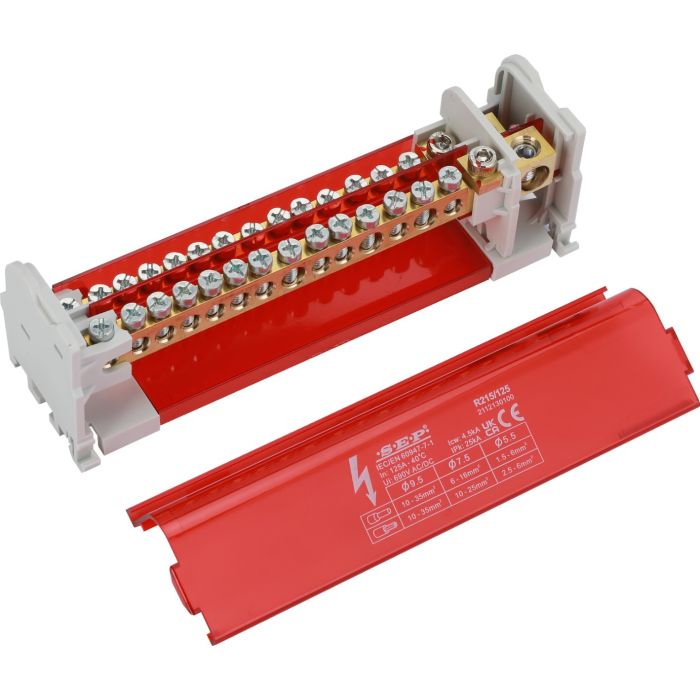 SEP Europe R215/125 verdeelblok 125A 2-polig – externe messing aansluitrail zichtbaar met rode kap verwijderd SEP Europe R215/125 verdeelblok 125A 2-polig – externe messing aansluitrail zichtbaar met rode kap verwijderd