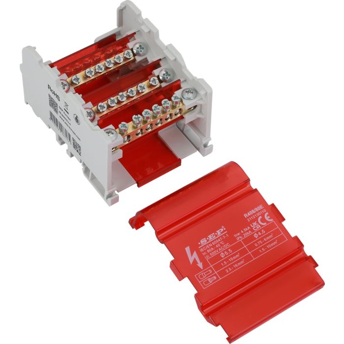 SEP Europe R408/80E verdeelblok 80A 4-polig – interne messing aansluitrail zichtbaar met rode kap verwijderd SEP Europe R408/80E verdeelblok 80A 4-polig – interne messing aansluitrail zichtbaar met rode kap verwijderd