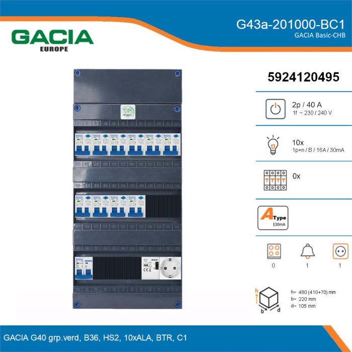GACIA G43a-201000-BC1, 1-fase groepenkast 40A met aardlekautomaten, 10-groepen, beltrafo, 1V-contactdoos, details
