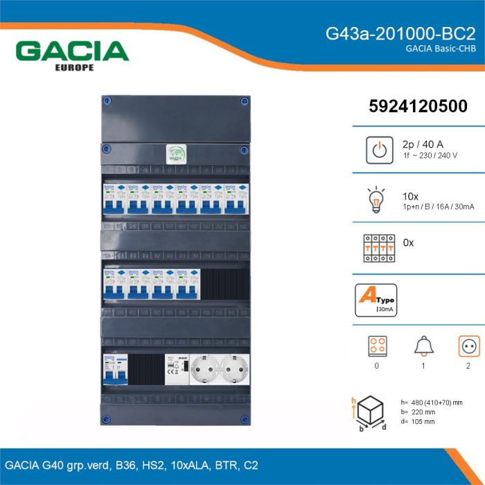 GACIA G43a-201000-BC2, 1-fase groepenkast 40A met aardlekautomaten, 10-groepen, beltrafo, 2V-contactdoos, details