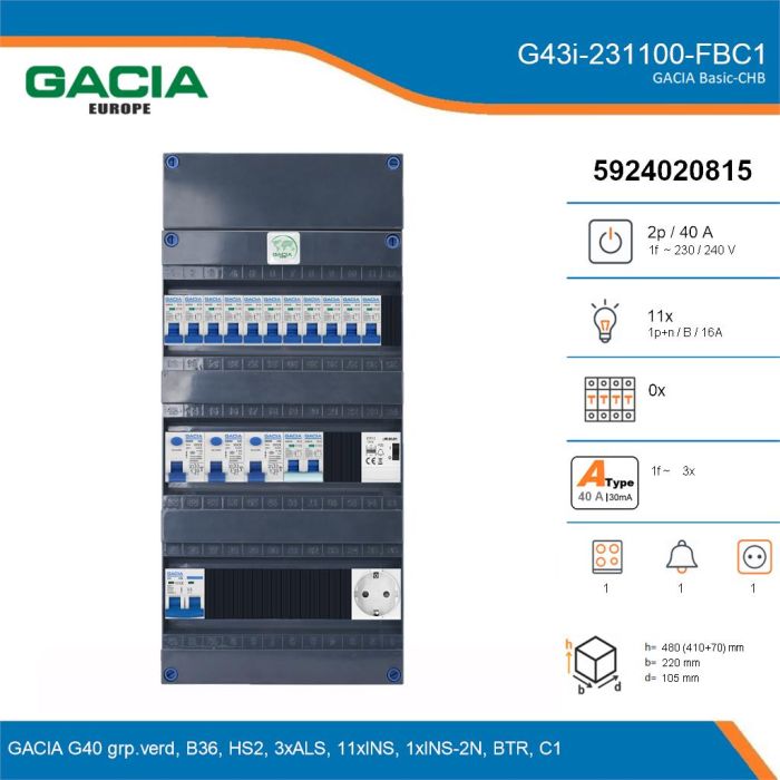 GACIA G43i-231100-FBC1, 1-fase groepenkast 40A met installatieautomaten, 12-groepen, fornuisgroep, beltrafo, 1V-contactdoos, details