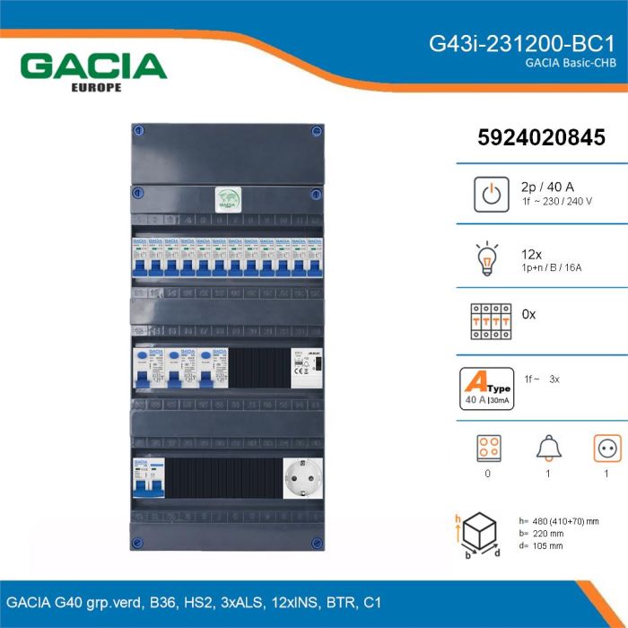 GACIA G43i-231200-BC1, 1-fase groepenkast 40A met installatieautomaten, 12-groepen, beltrafo, 1V-contactdoos, details