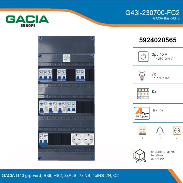 GACIA G43i-230700-FC2, 1-fase groepenkast 40A met installatieautomaten, 8-groepen, fornuisgroep, 2V-contactdoos, details