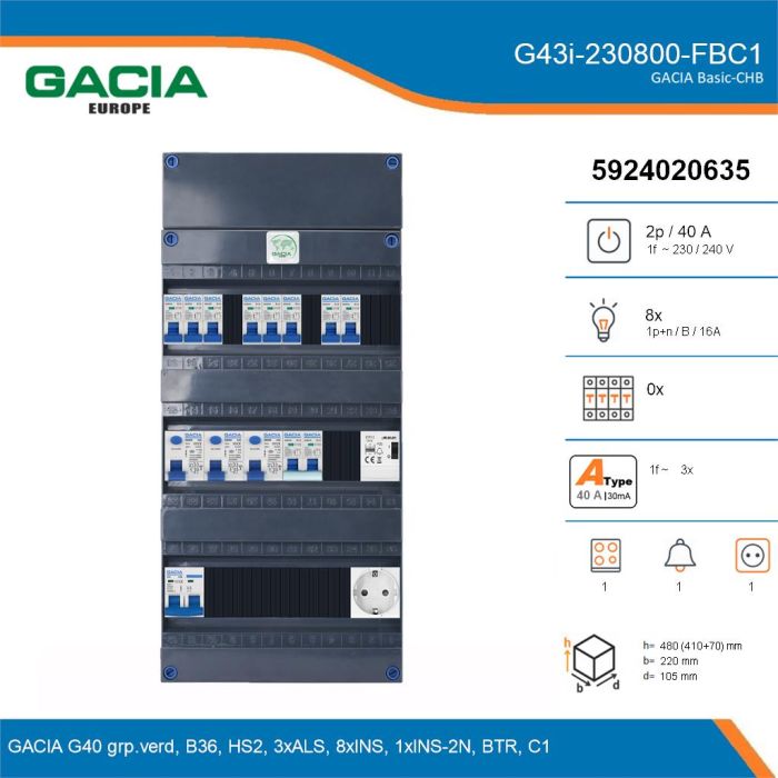GACIA G43i-230800-FBC1, 1-fase groepenkast 40A met installatieautomaten, 9-groepen, fornuisgroep, beltrafo, 1V-contactdoos, details