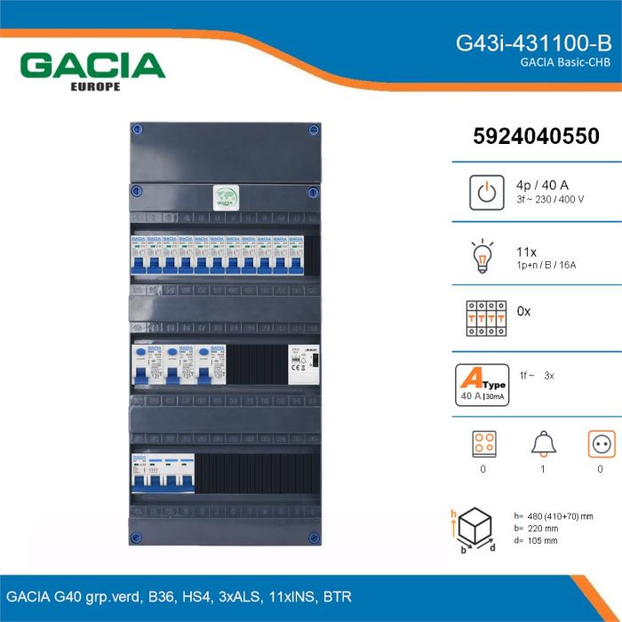 GACIA G43i-431100-B, 3-fase groepenkast 40A met installatieautomaten, 11-groepen, beltrafo, details