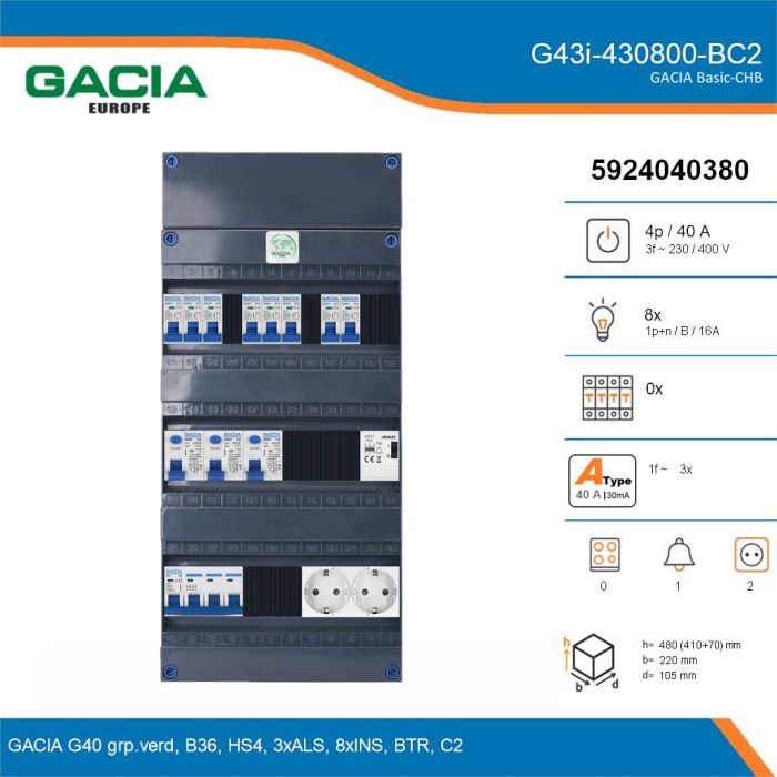 GACIA G43i-430800-BC2, 3-fase groepenkast 40A met installatieautomaten, 8-groepen, beltrafo, 2V-contactdoos, details