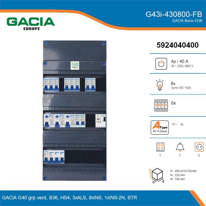 GACIA G43i-430800-FB, 3-fase groepenkast 40A met installatieautomaten, 9-groepen, fornuisgroep, beltrafo, details