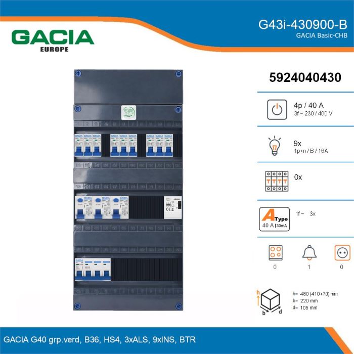 GACIA G43i-430900-B, 3-fase groepenkast 40A met installatieautomaten, 9-groepen, beltrafo, details