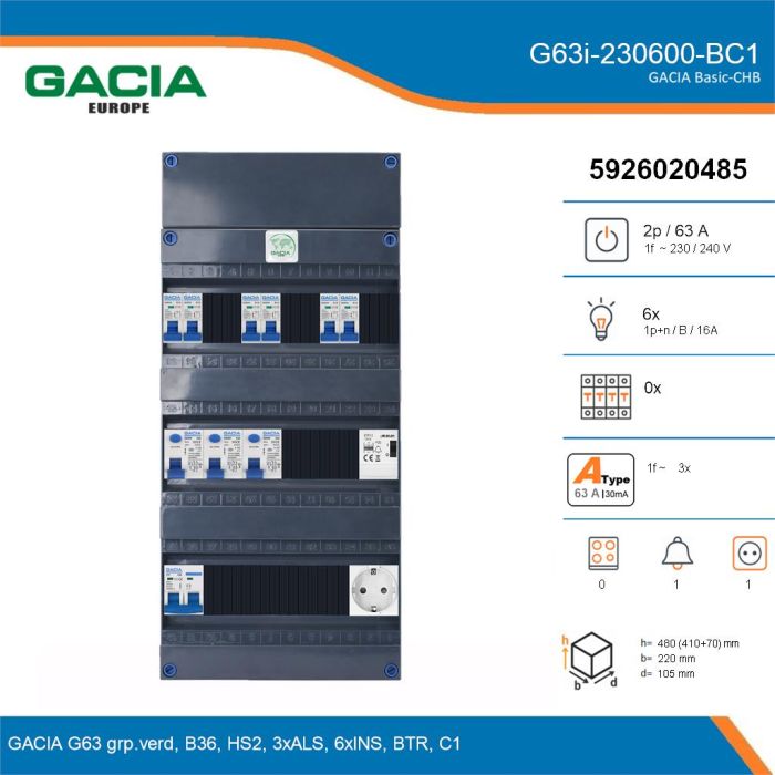 GACIA G63i-230600-BC1, 1-fase groepenkast 63A met installatieautomaten, 6-groepen, beltrafo, 1V-contactdoos, details