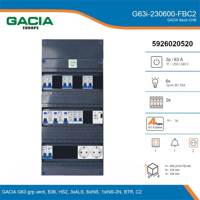 GACIA G63i-230600-FBC2, 1-fase groepenkast 63A met installatieautomaten, 7-groepen, fornuisgroep, beltrafo, 2V-contactdoos, details