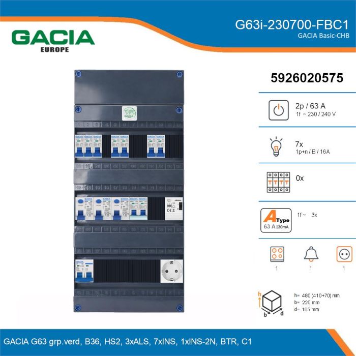 GACIA G63i-230700-FBC1, 1-fase groepenkast 63A met installatieautomaten, 8-groepen, fornuisgroep, beltrafo, 1V-contactdoos, details